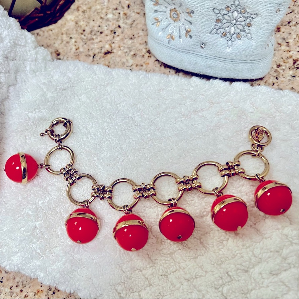 J Crew Chunky Runway Orange Ball Modernist Style Dangle Charm 8”Bracelet
